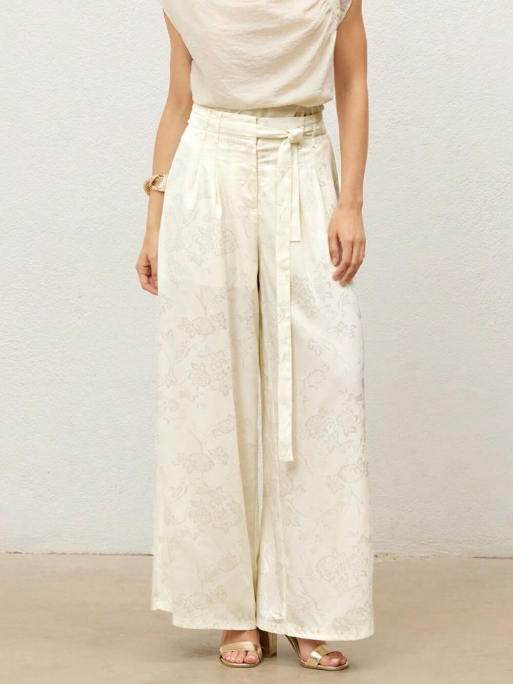 Women's Casual Apricot Jacquard Tie-Waist Wide-Leg Relaxed Fit Trousers Pants - Picture 6 of 6